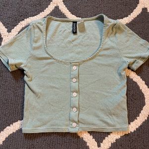 H&M green and white stripe, cropped short sleeve shirt